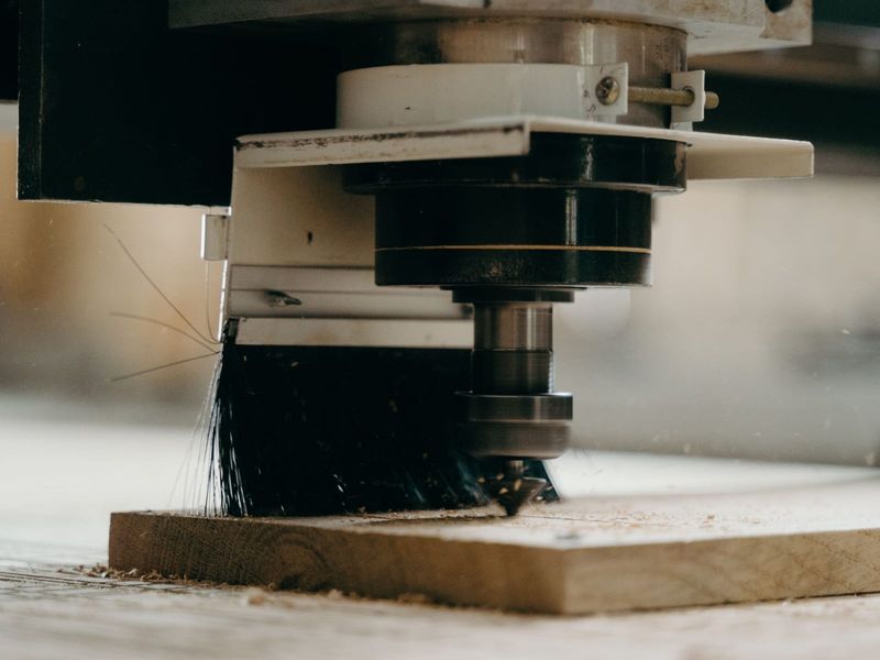 Wrzeciono centrum CNC z frezem i szczotką odpylającą podczas obróbki płyty